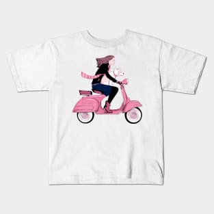 Fun Girl and Dog on Pink Scooter Kids T-Shirt